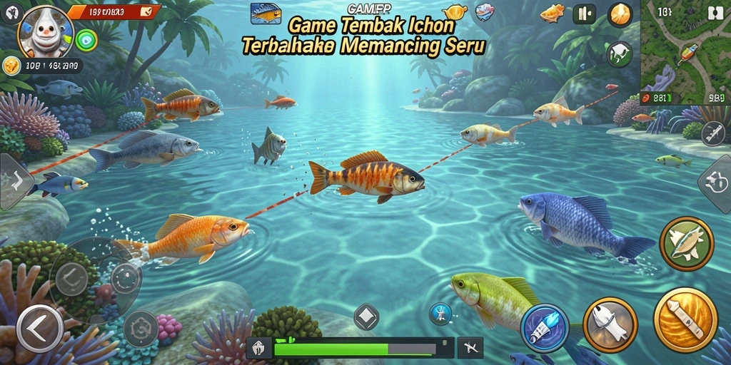 Screenshot utama GAMERP menampilkan aksi seru dalam menembak ikan.
