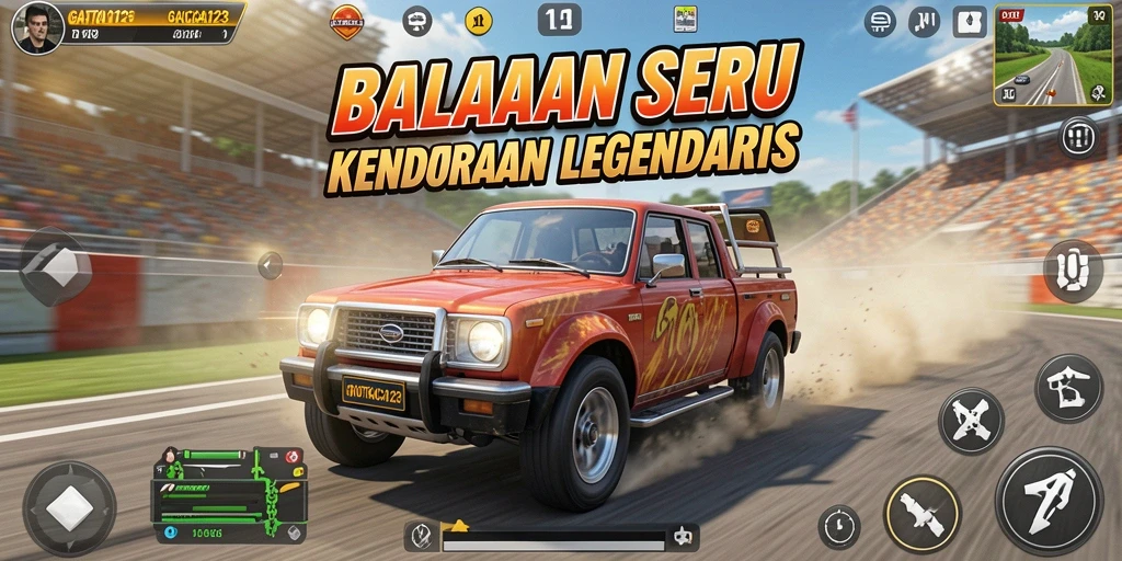 Tampilan gameplay seru dalam balapan menggunakan kendaraan legendaris.