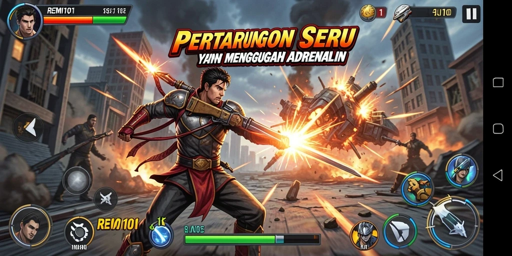 Tampilan aksi seru dalam gameplay REMI101 saat karakter bertarung.